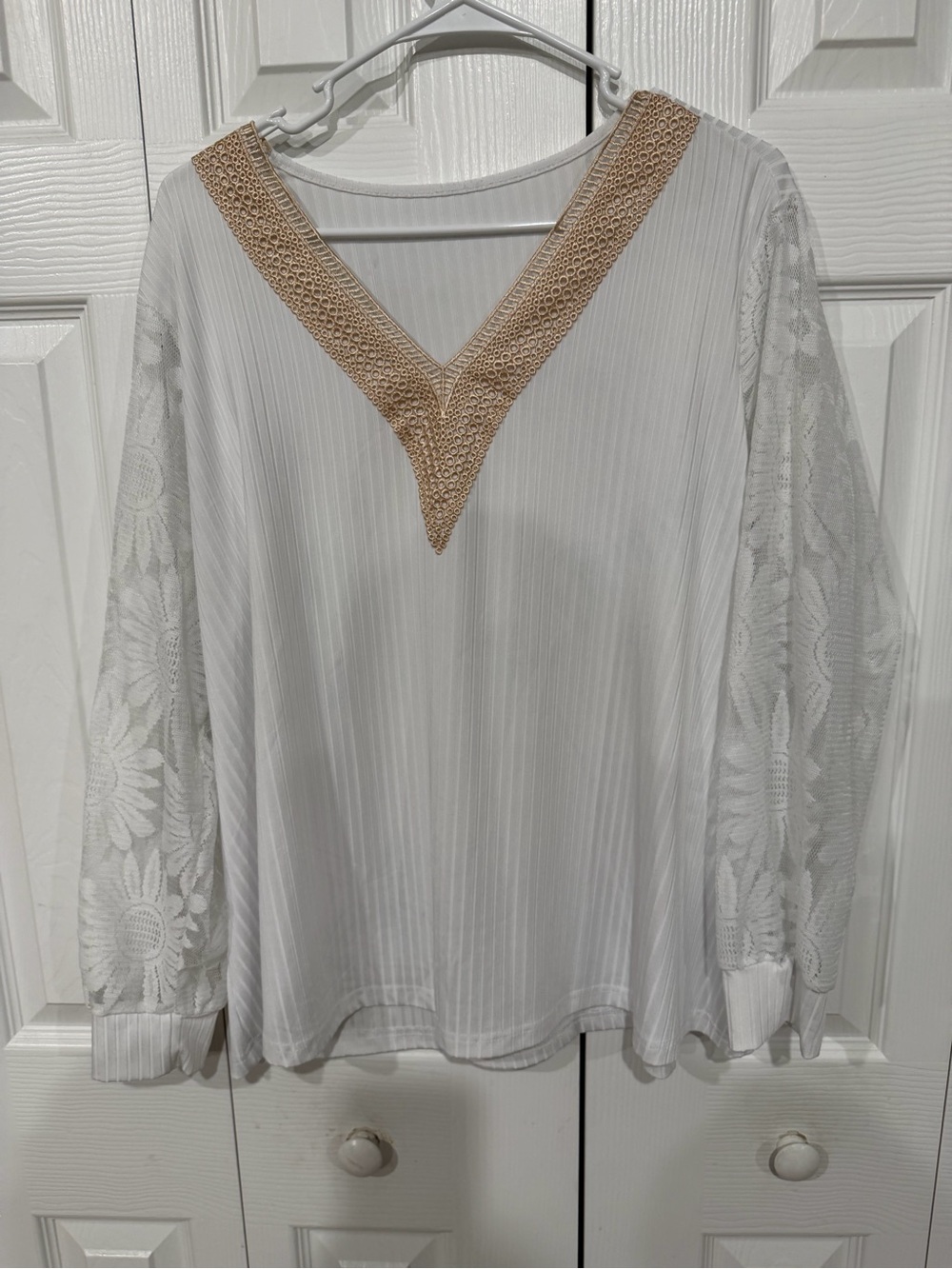 SHEIN White V-Neck Tunic with Beige Crochet Trim